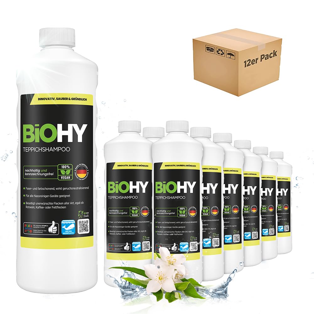 BiOHY Teppichshampoo (12 x 1 Liter) | Teppichreiniger Konzentrat | ideal gegen hartnäckige Flecken |