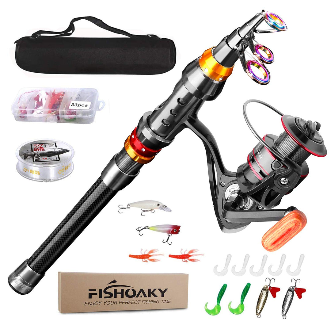 FISHOAKY Angelrute Set Komplett, Carbon Fiber Angelruten Teleskoprute und Spule Combo Kit mit mit An