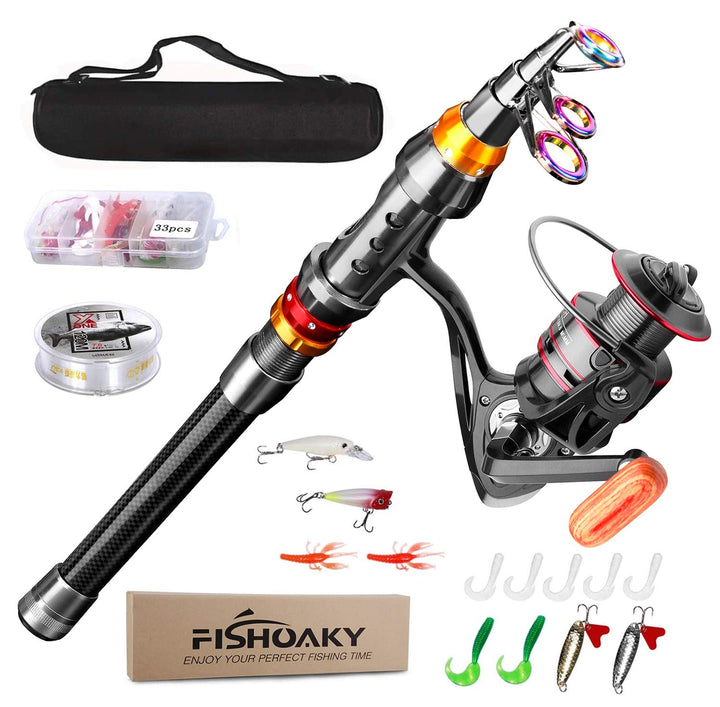 FISHOAKY Angelrute Set Komplett, Carbon Fiber Angelruten Teleskoprute und Spule Combo Kit mit mit An
