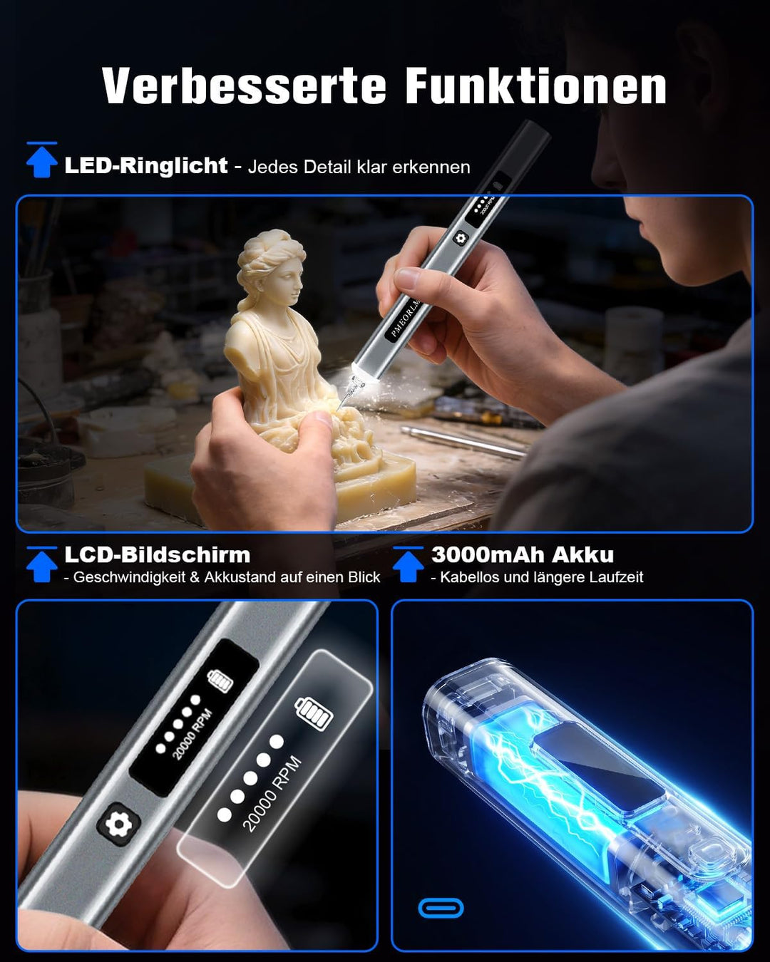 Gravierstift mit LCD Display & LED Licht, 31 Bits, 5 Gängen Elektrischer Gravur Stift, Kabelloses Gr
