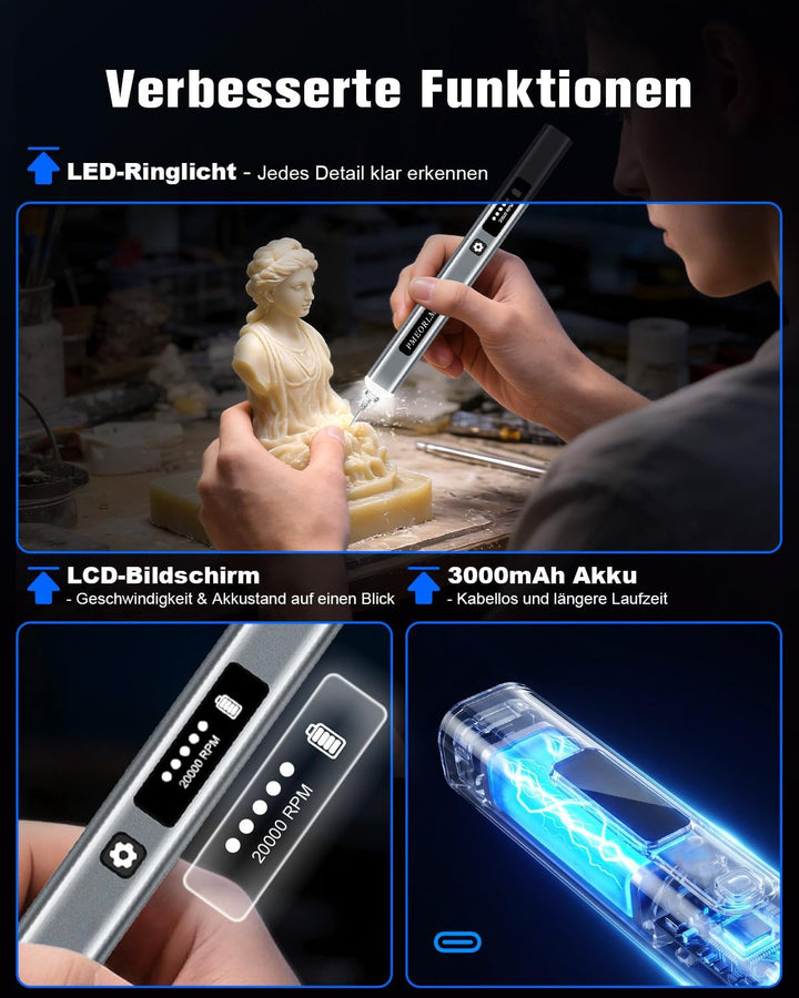 Gravierstift mit LCD Display & LED Licht, 31 Bits, 5 Gängen Elektrischer Gravur Stift, Kabelloses Gr