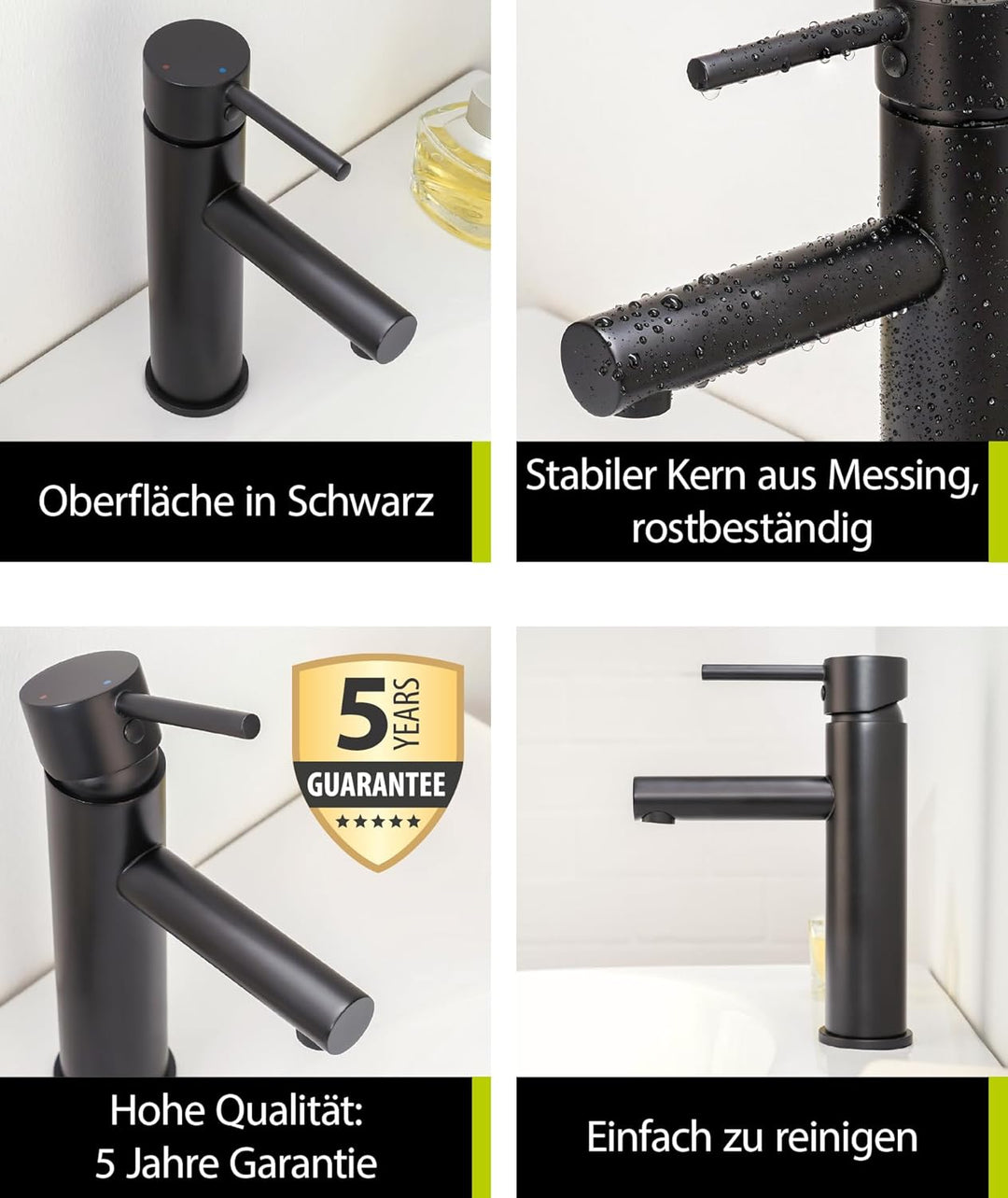 aquaSu® Waschbeckenarmatur Schwarz mit Pop-Up-Ventil 1 1/4" – Waschtischarmatur hoch, Badarmatur, Ei