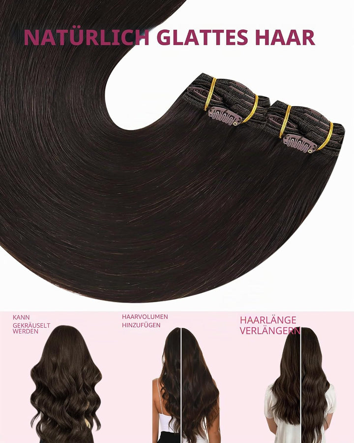 YoungSee Echthaar Extensions Clip Braun Clip in Extensions Echthaar Dunkelbraun 45 cm Clip in Extens