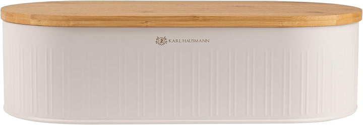 KARL HAUSMANN Brotkasten Weiss Metall mit Bambus Deckel - Hält Brot länger frisch | Grosse Brotbox z