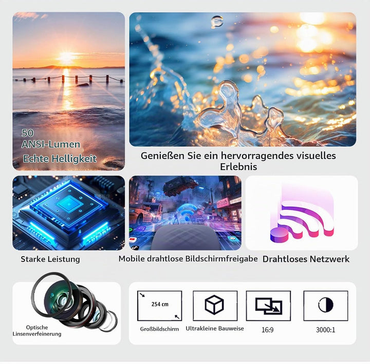Outdoor Projektor mit WLAN und Bluetooth, Tragbarer 1080P Full HD 4K-Videoprojektor mit Fernbedienun