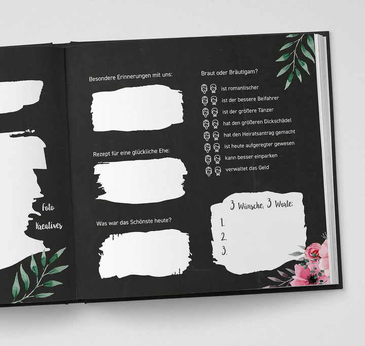DeinWeddingshop Gästebuch zur Hochzeit mit Fragen - quadratisch - Hochzeitsgästebuch Hochzeitsalbum