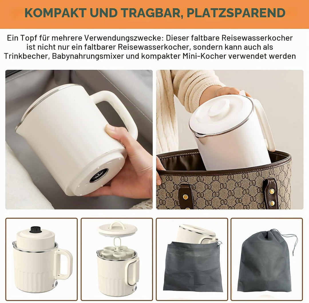 Faltbarer Wasserkocher 1L: 600W Edelstahl Reise Wasserkocher Camping, BPA-freier Elektrischer Wasser