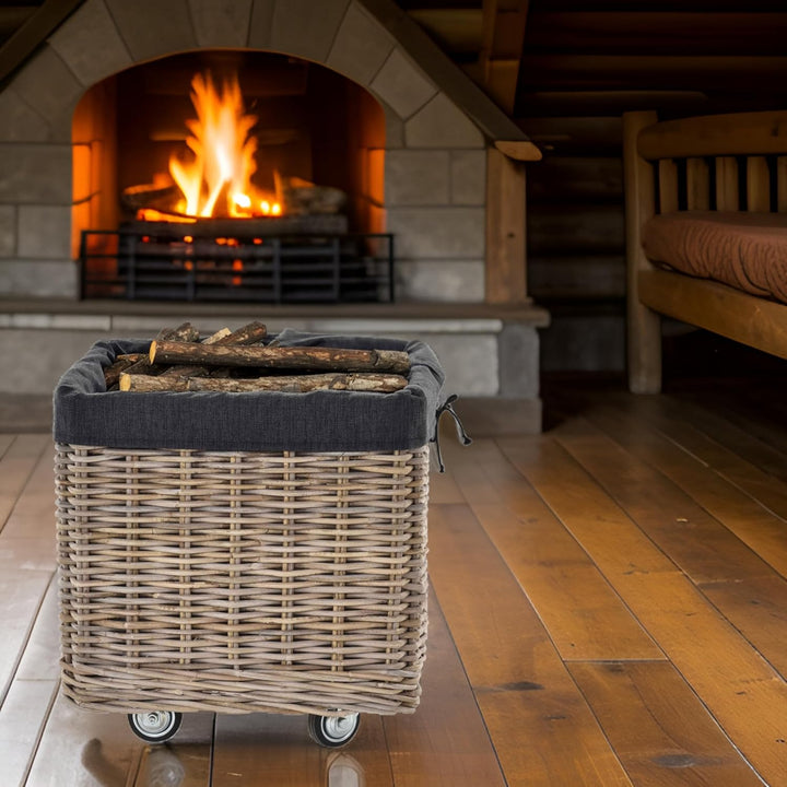 Grosser Rollkorb mit Griffen / Holzkorb mit Rollen aus grauem Natur Rattan / Aufbewahrung Holz-Wagen