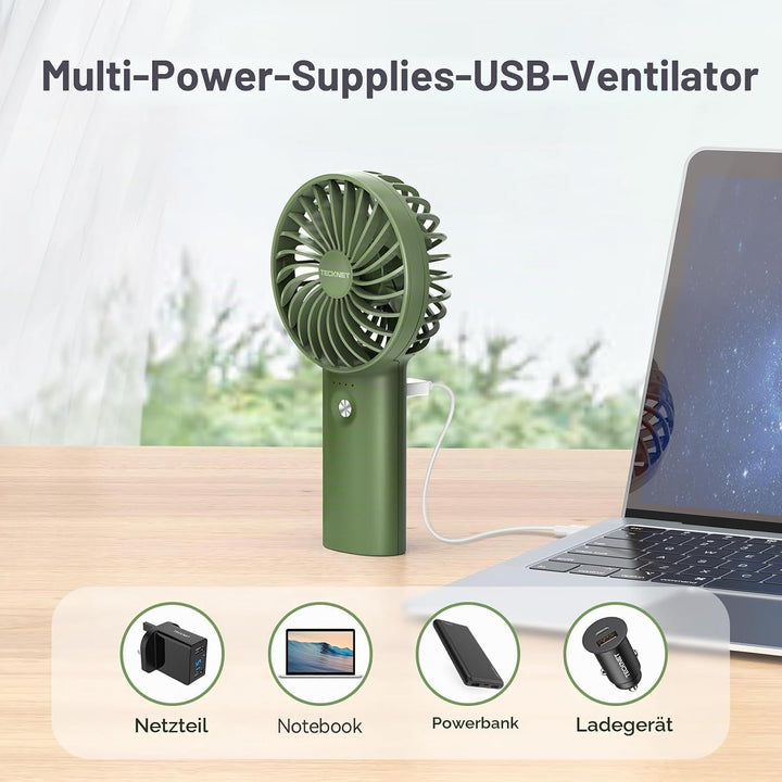 TECKNET Tragbarer Handventilator mit 5200mAh Akku, Wiederaufladbar, Grün | 3 Einstellbare Geschwindi