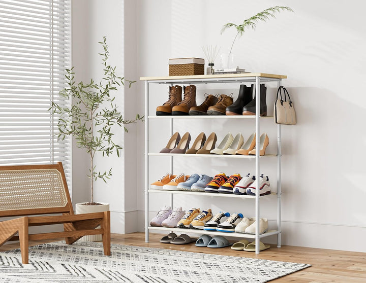HOMIDEC Schuhregal,5-Ebenen Schuhablage mit Holzbrett als oberstes Regal,Schuhaufbewahrung für 15-20