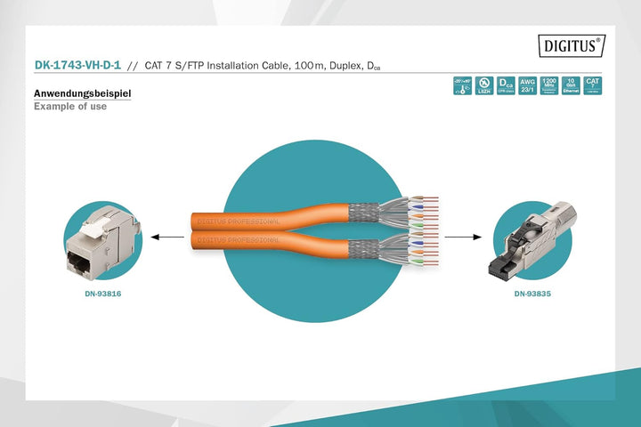 DIGITUS Netzwerkkabel Cat 7 – 100 m – S/FTP Duplex – BauPVO Dca | LSZH Halogenfrei – AWG 23/1 – PoE+