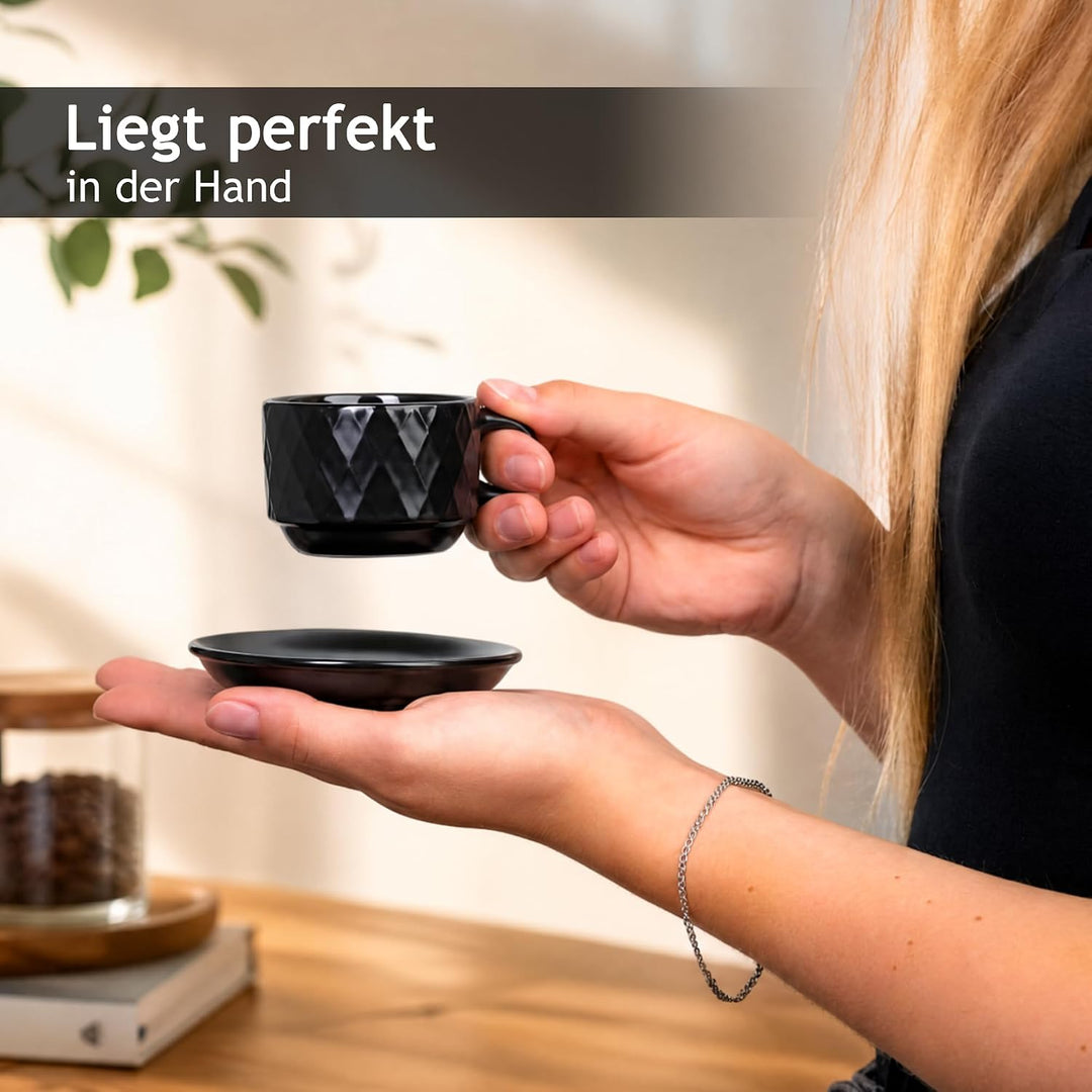 MIAMIO – 6 x 75 ml Espresso Tassen/Espressotassen Set mit Ständer Steingut Keramik - Palmanova Kolle