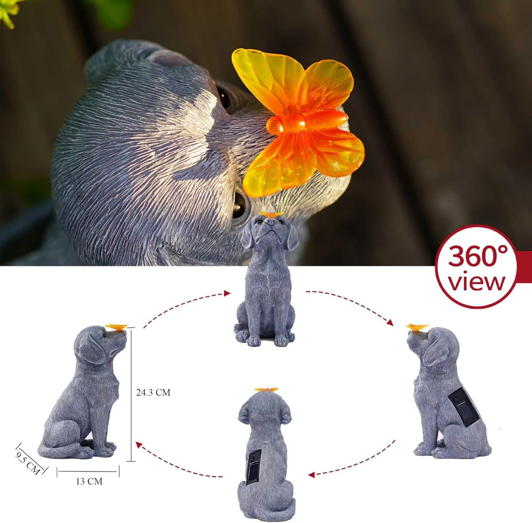 Solarleuchte Hund aus Harz mit Schmetterling, lustige Gartendeko Figur für Aussen, wasserdichte Deko