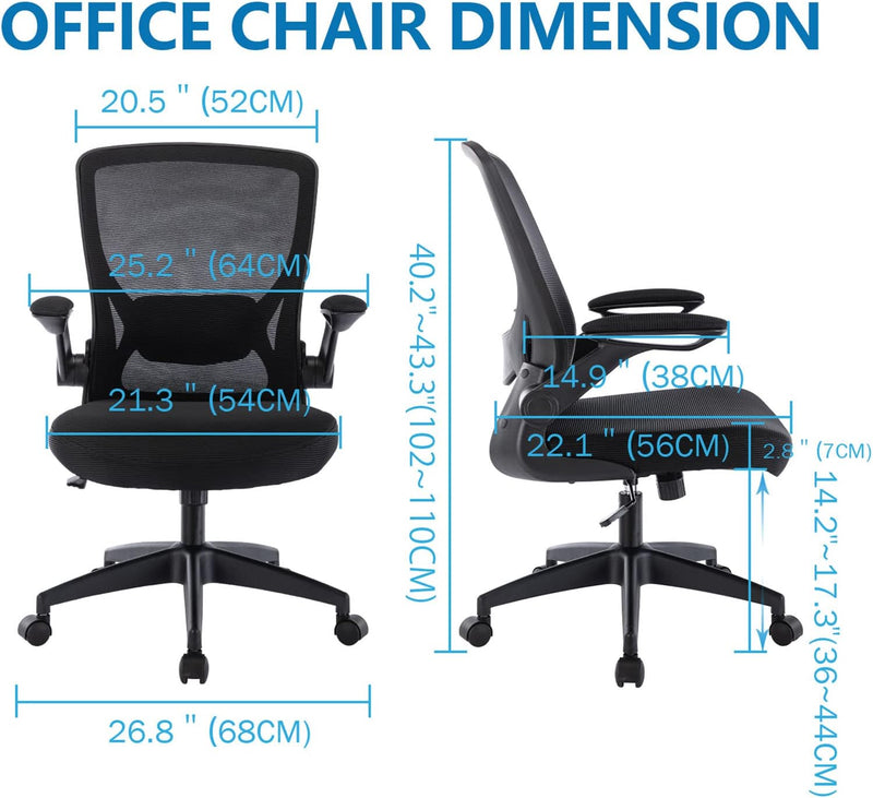 KERDOM Bürostuhl, Ergonomischer Schreibtischstuhl mit Klappbaren Armlehnen, 360° Drehstuhl Mesh Comp