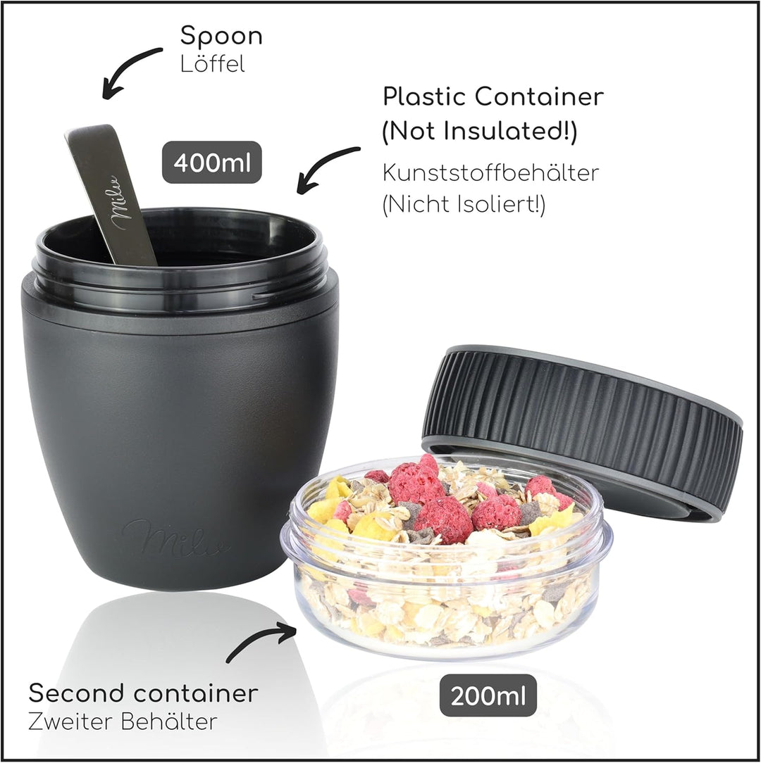 Milu Müslibecher to go 400ml MüsliMax Plastik Joghurtbecher für Müsli I auslaufsicherer Becher mit L