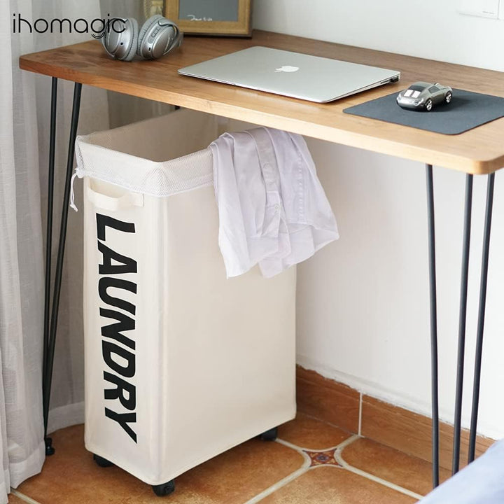 IHOMAGIC 62L Schmale Wäschesack mit Rollen - Hoher Wäschekorb mit Abnehmbaren Wäschesäcken, Grossen