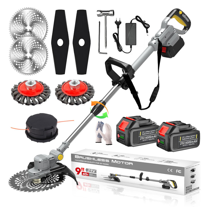 Akku Rasentrimmer mit Akku und Unkrautbürste, Rasentrimmer mit Akku mit 4 Klingentypen, 750W Bürsten