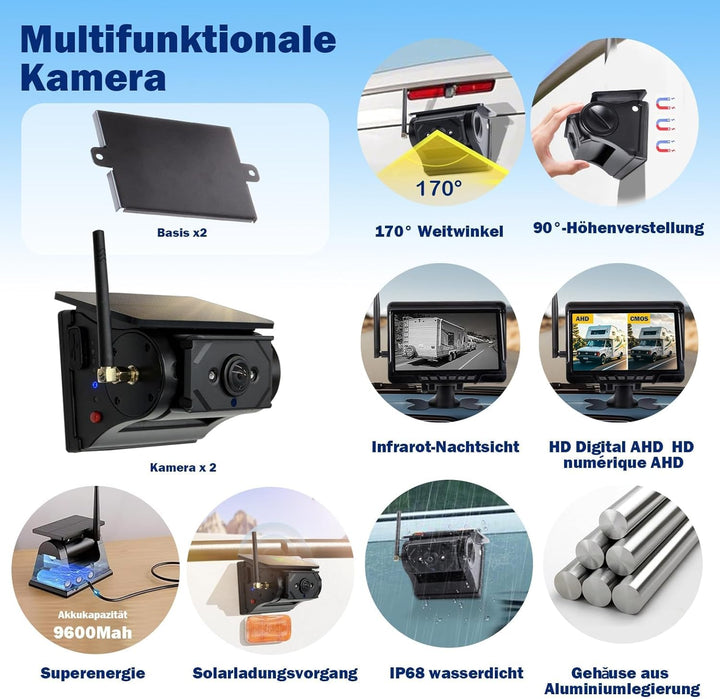 1080P Daul Magnetisch Rückfahrkamera Kabellos Solar mit 7" Display, 170° Weitwinkelobjektiv sorgt, 9