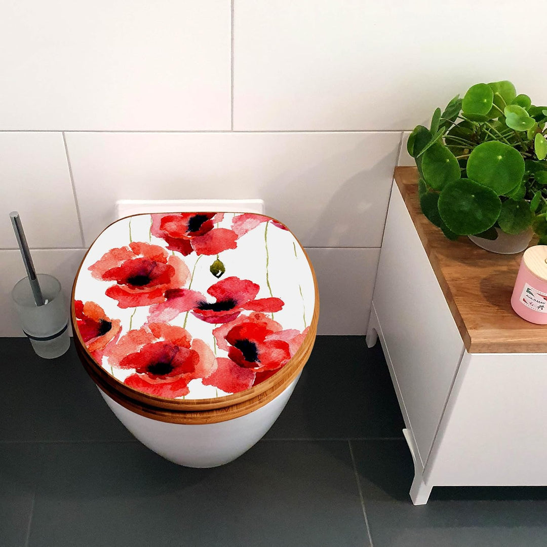banjado® Design WC Sitz Bambus Absenkautomatik mit Motiv Mohn Aquarell/Toilettendeckel mit Absenkaut