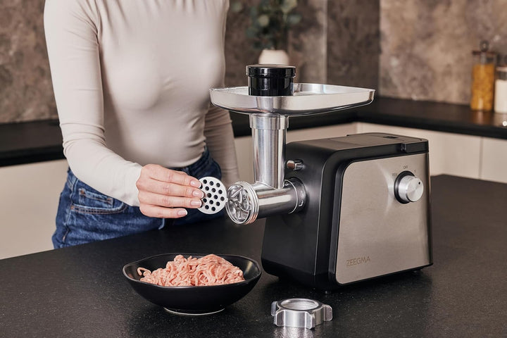 ZEEGMA MOLEN CHEF EASY Elektrischer Fleischwolf Leistung 2100 W 3 Edelstahlscheiben Wurstaufsatz Gem