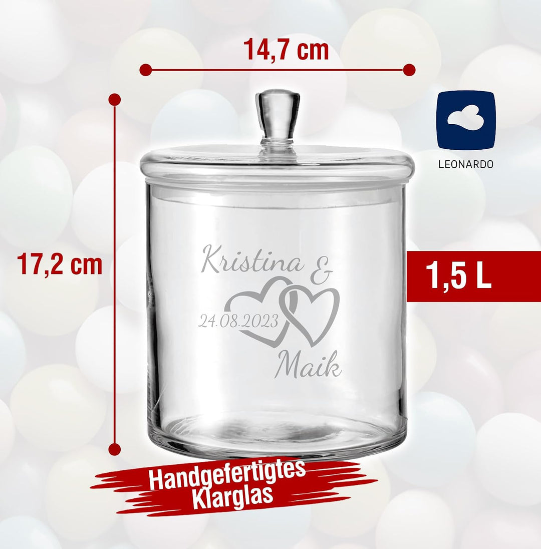 LALALO Leonardo Keksdose mit Gravur als Hochzeit Geschenk, Keksglas/Bonbonglas personalisiert als Ho