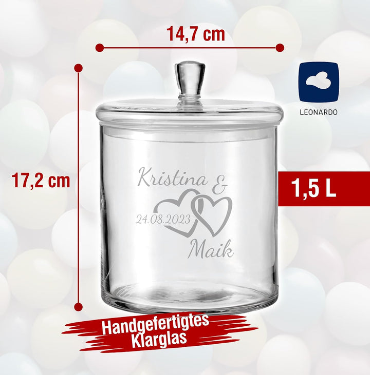 LALALO Leonardo Keksdose mit Gravur als Hochzeit Geschenk, Keksglas/Bonbonglas personalisiert als Ho