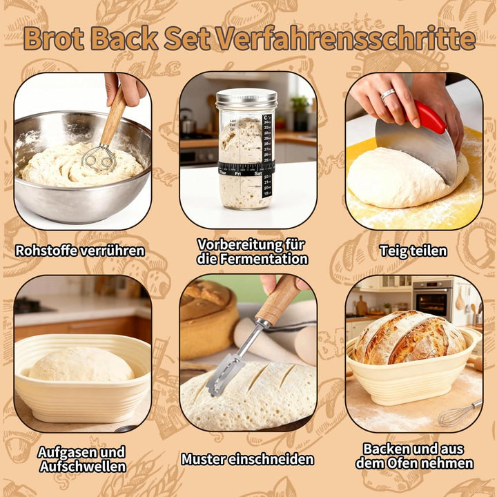Daity Sauerteig Starter Set, 11-teilig Brot Backen Zubehör,28cm Klappbare Brot Gärkorb Oval,Handgeba