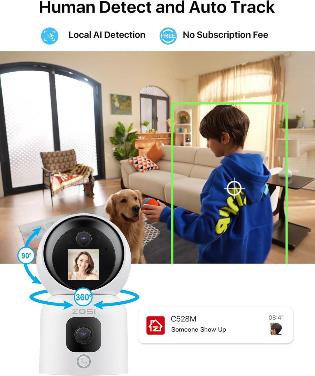 ZOSI Dual-Linse WLAN Überwachungskamera Innen 3MP+3MP, 2-Wege-Video, 2,4/5Ghz WiFi IP Kamera 360° Sc