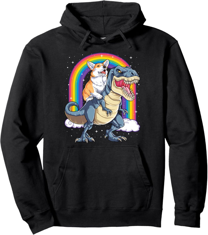 Corgi Riding Dinosaur T rex Boys Girls Space Galaxy Rainbow Pullover Hoodie