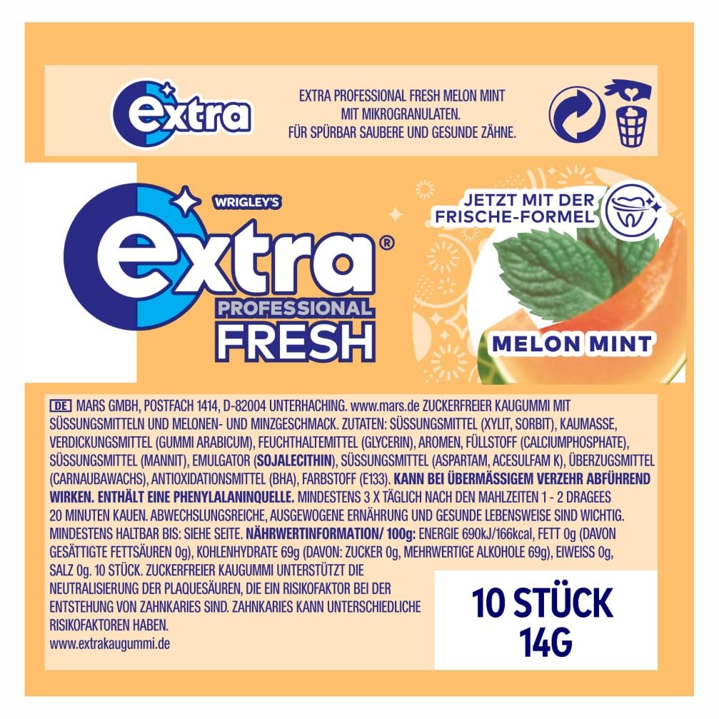 Extra Professional Fresh Melon Mint, Zuckerfreier Kaugummi, Multipack mit 30x10 Dragees, Für frische