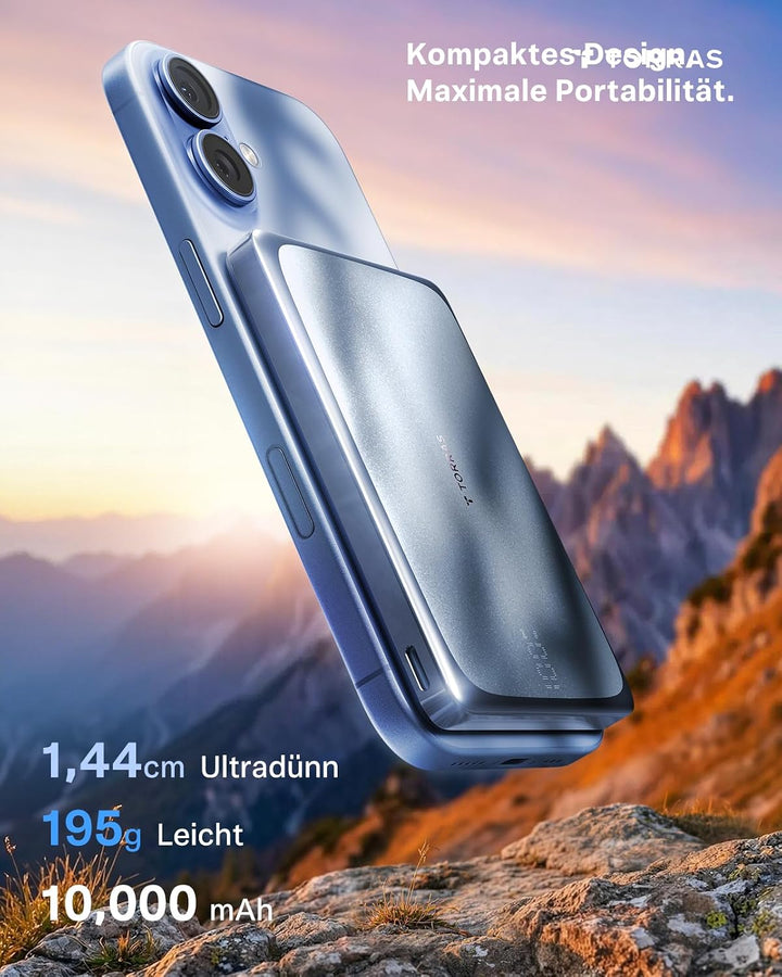 TORRAS MiniMag Pro Powerbank für MagSafe, 10000mAh Magnetische Akku, Blau | Ultra Slim Semi-Solid-St