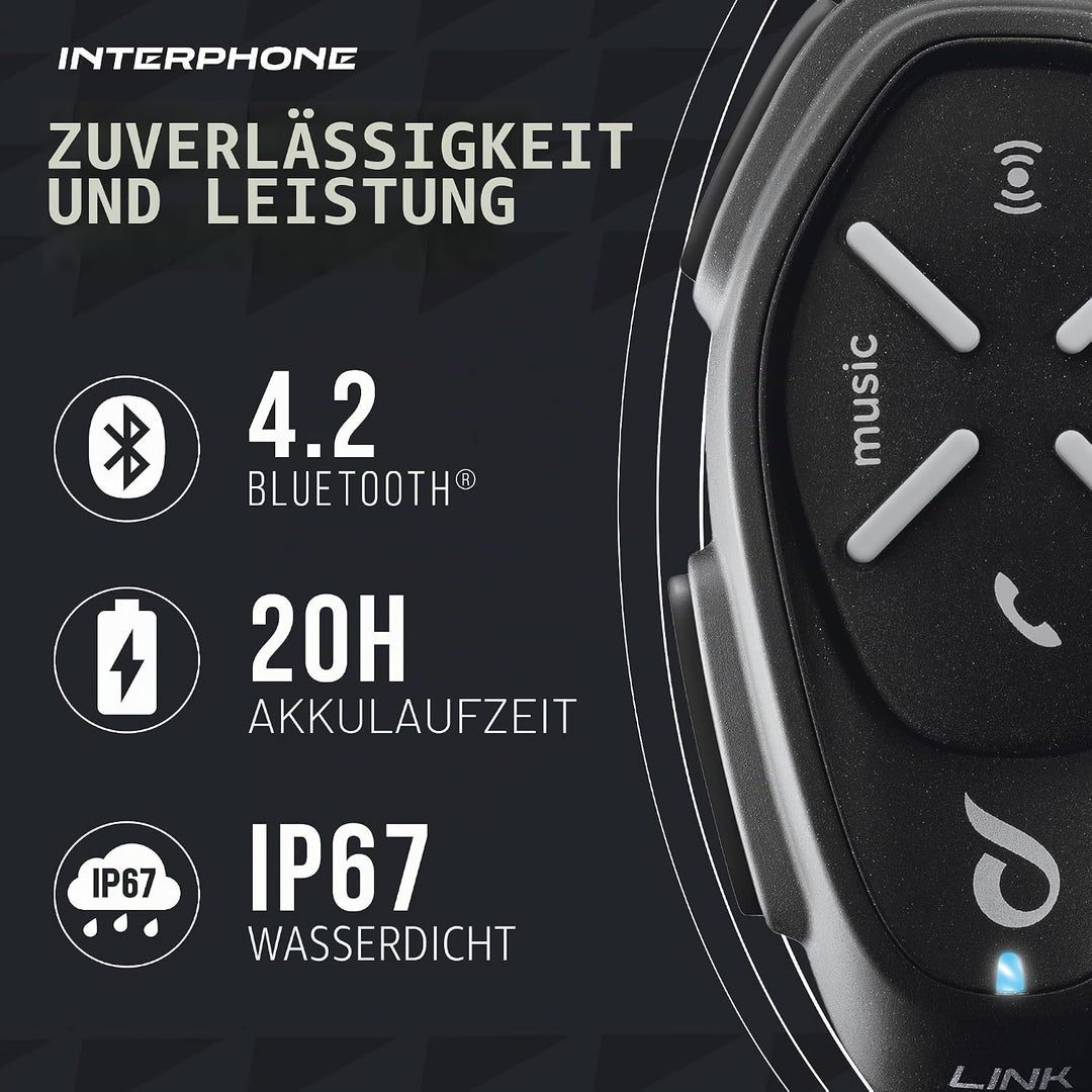 Interphone LINK - Einzelpack - Bluetooth-Kommunikationssystem für Motorräder - Bis zu 2 Reiters, 300