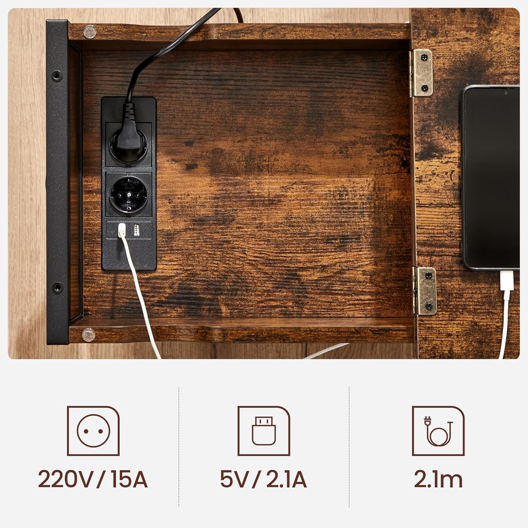 VASAGLE Beistelltisch, 2er Set, Nachttisch mit Steckdose, schmal, mit USB-Anschlüssen, Tasche, für W