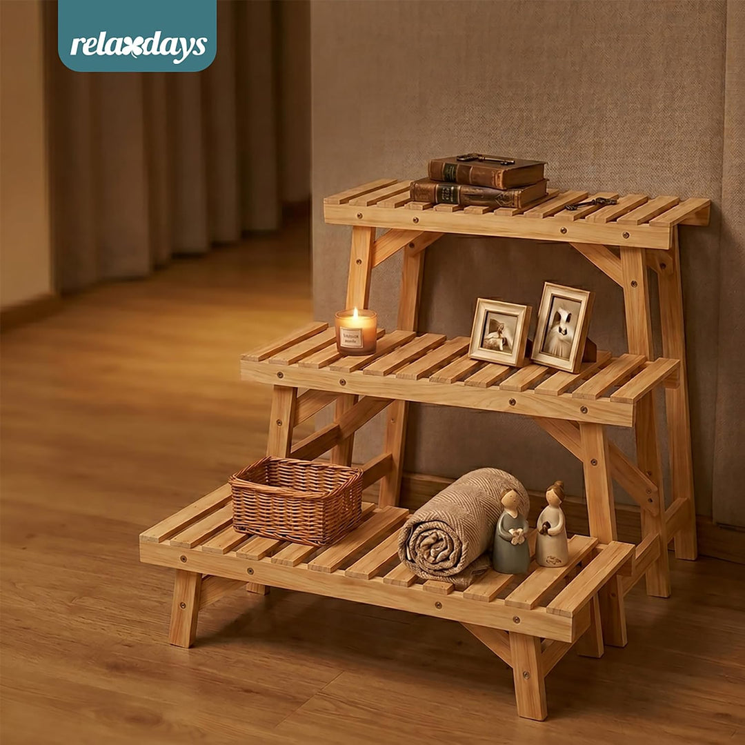 Relaxdays Blumenständer, 3-tlg. Set, Höhe: 19,5/33 /49 cm, natur | Tannenholz, indoor &amp; outdoor, Pfl