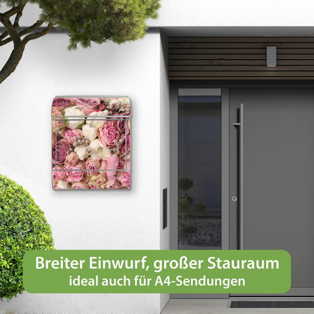 banjado® Design Briefkasten personalisiert mit Motiv Strauss Rosen 39x47x14cm & 2 Schlüssel - Briefk