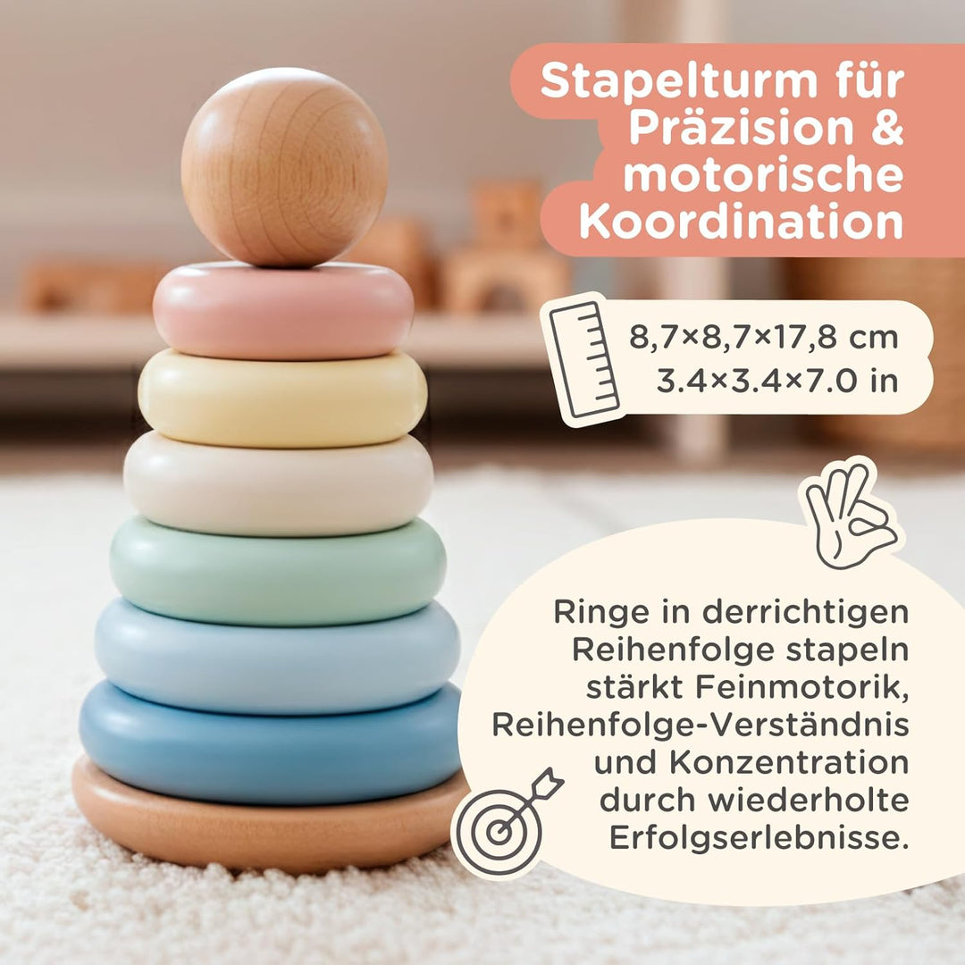 Nene Toys Montessori Holzspielzeug ab 1 Jahr – FSC 3-in-1 Regenbogen, Stapelturm &amp; Sortier-Steckspie