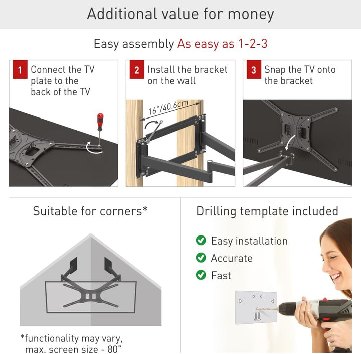 Barkan 1 Meter lang TV Wandhalterung, 13 - 80 Zoll Doppelarm, Schwenkbar / Vollbewegung flach & curv