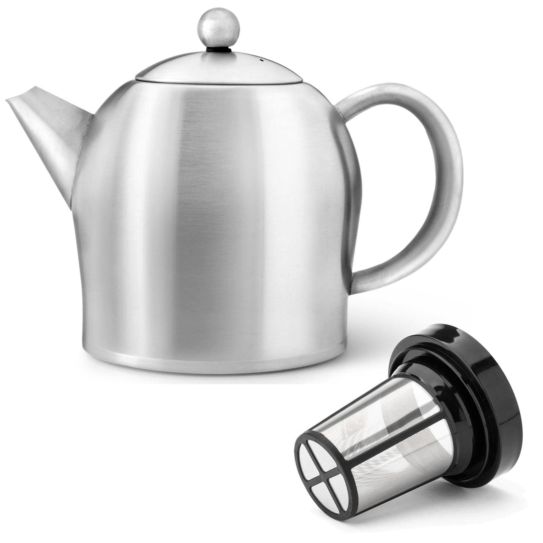 Teekanne Set 1.0 Liter - Edelstahl matt doppelwandig - Grosser Teebereiter mit Tee-Filter-Sieb-Aufsa