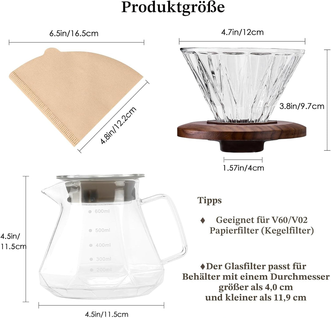 Pour Over Kaffeebereiter, 600 ml Borosilikatglas-Karaffe mit 100 Stück Papierfilter Grösse 02, Walnu