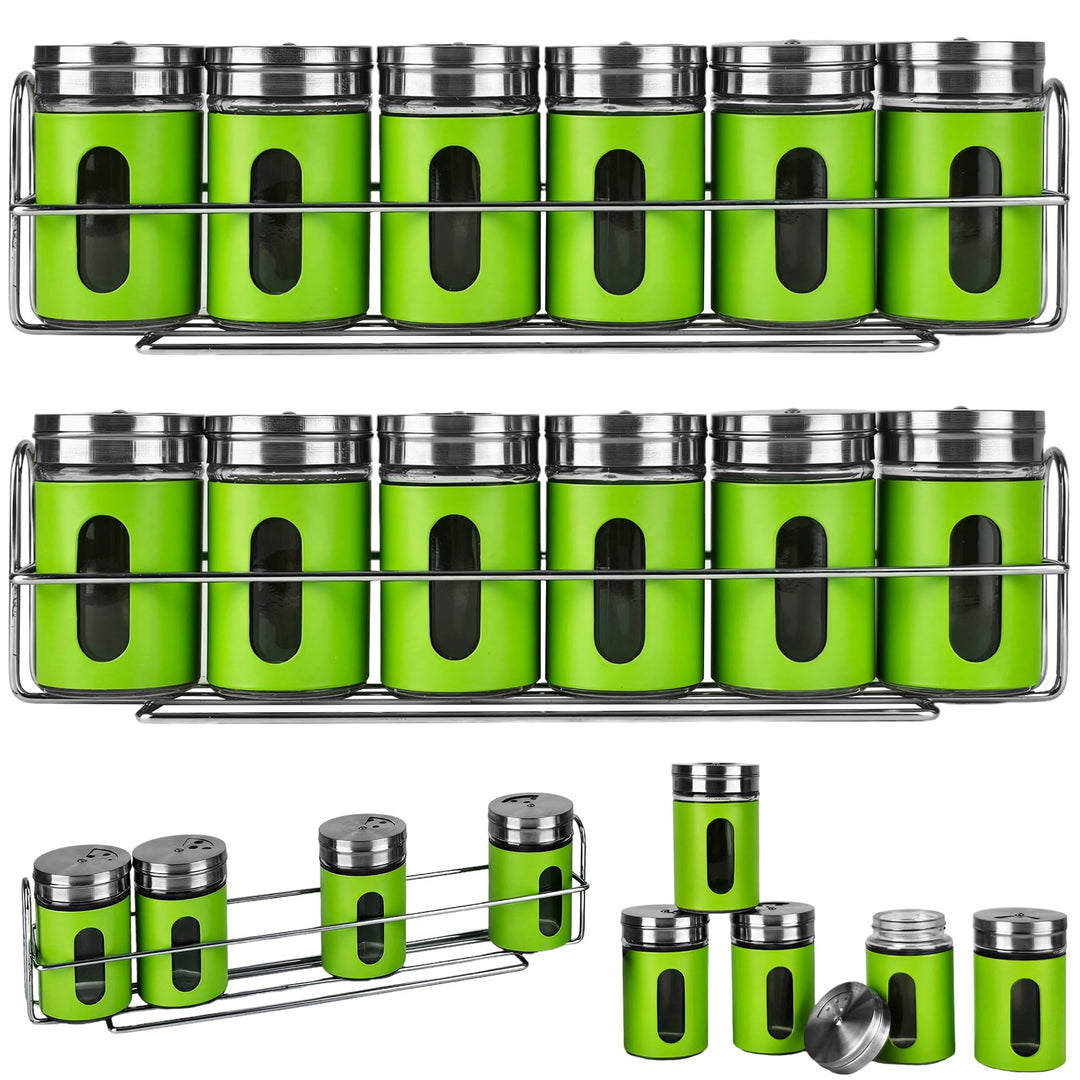 Gewürzgläser - 12er Set - inkl. 2 x Gewürzregal - Salzstreuer Pfefferstreuer aus Glas &amp; Edelstahl -