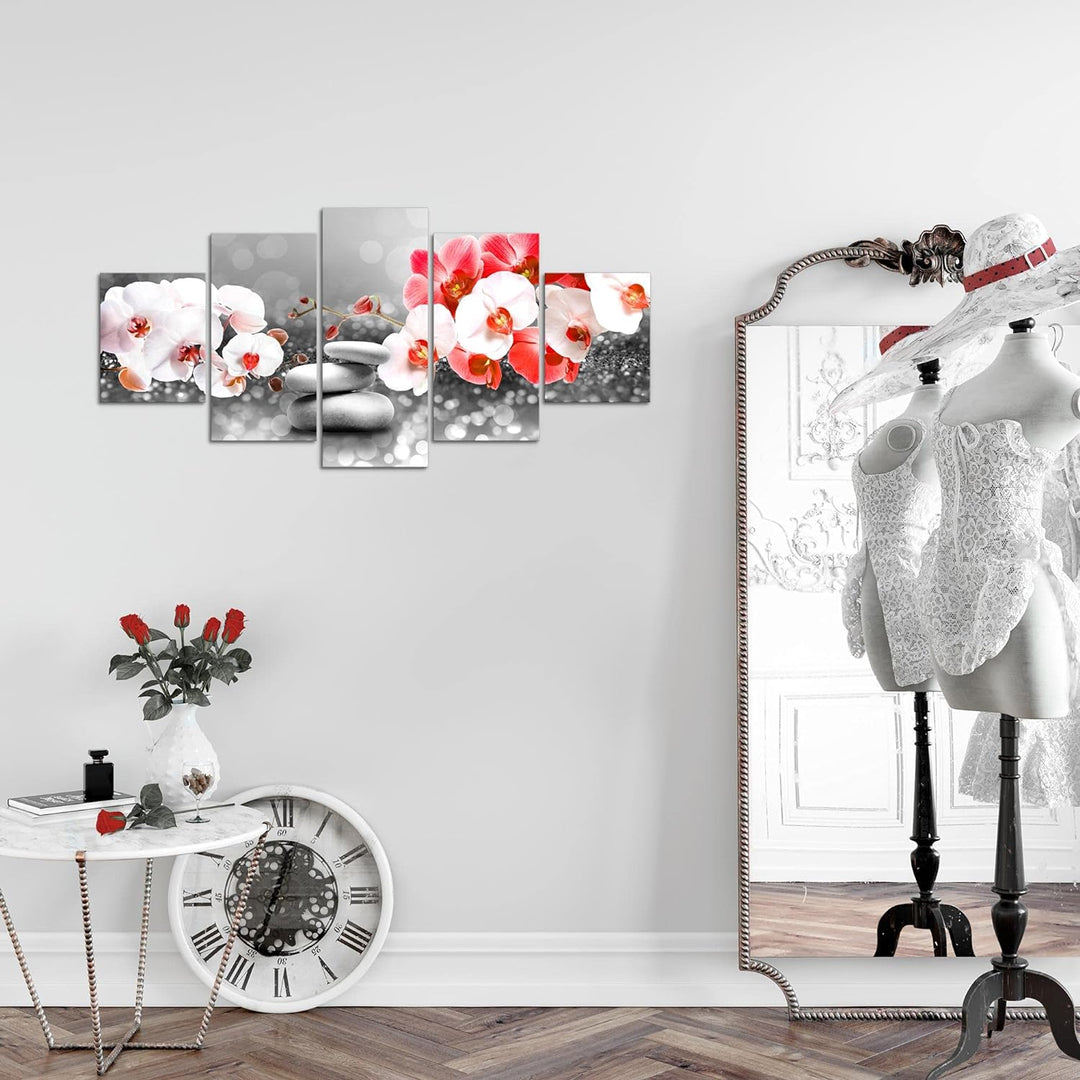 Runa Art Wandbilder Blumen Orchidee 5 Teilig Bild auf Vlies Leinwand Deko Wohnzimmer Zen Rot Grau 03