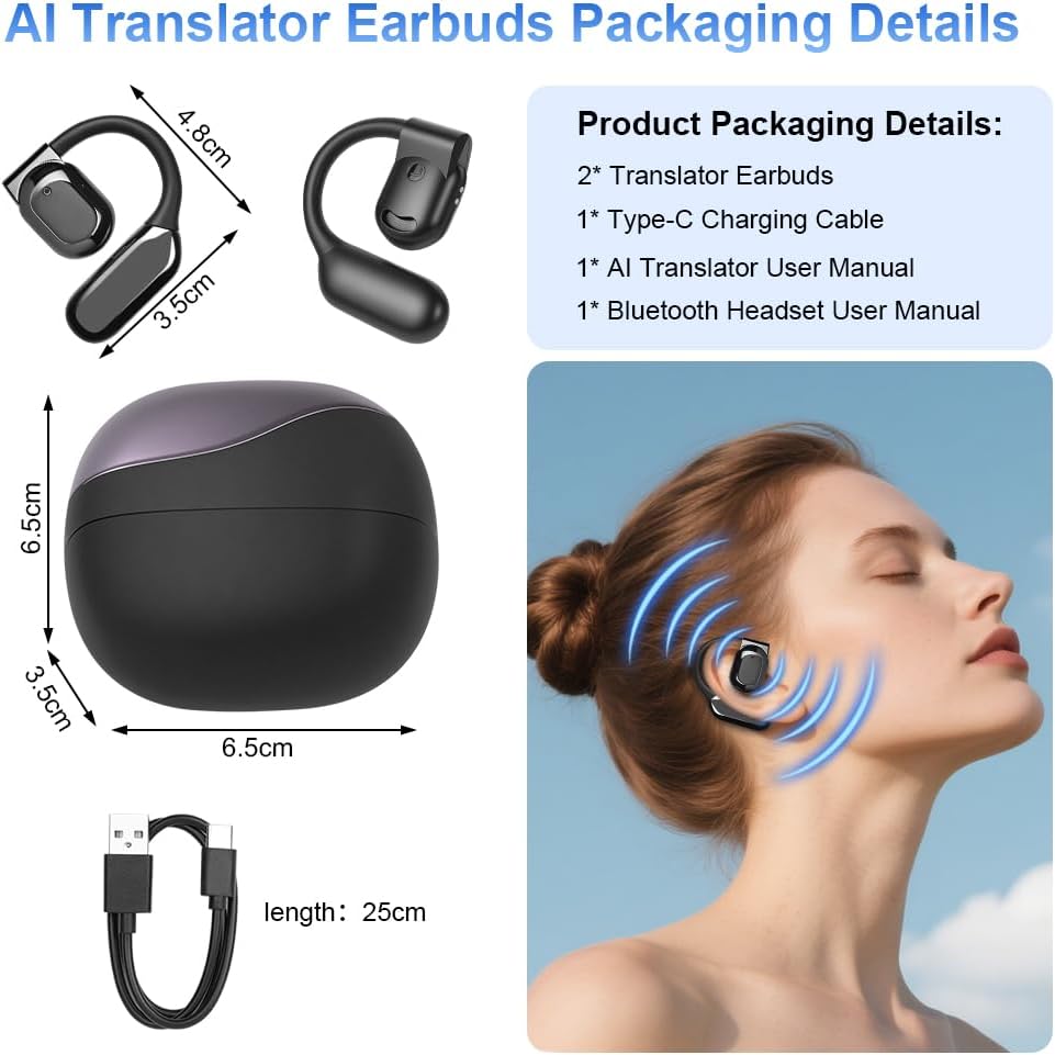 AI Übersetzer Kopfhörer, Echtzeit Übersetzungskopfhörer 144 Sprachen, Translation Earbuds Bluetooth