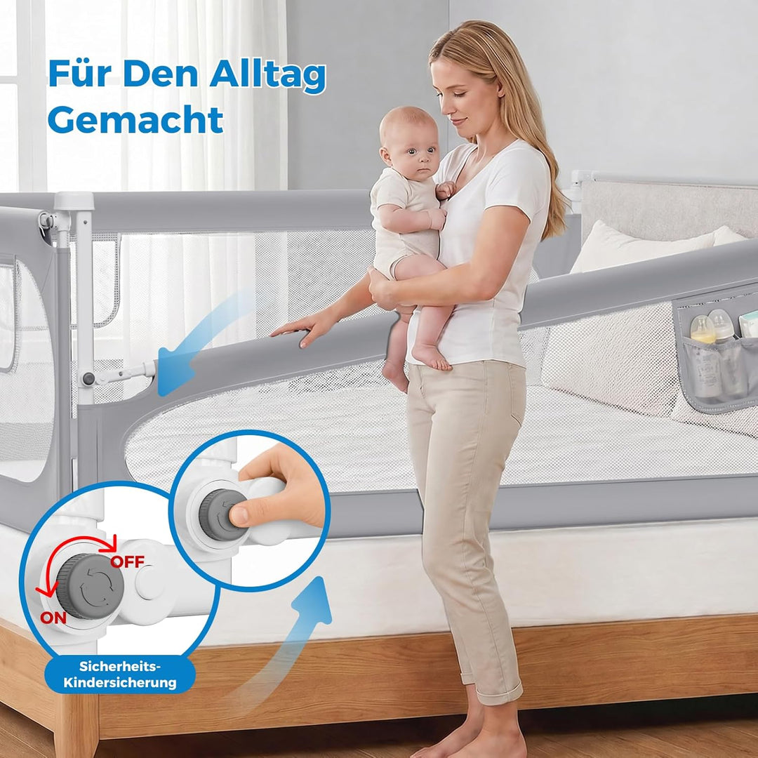 Rausfallschutz Bett 200cm – Bettgitter für Boxspringbett &amp; die meisten Betten, Höhenverstellbar Bett