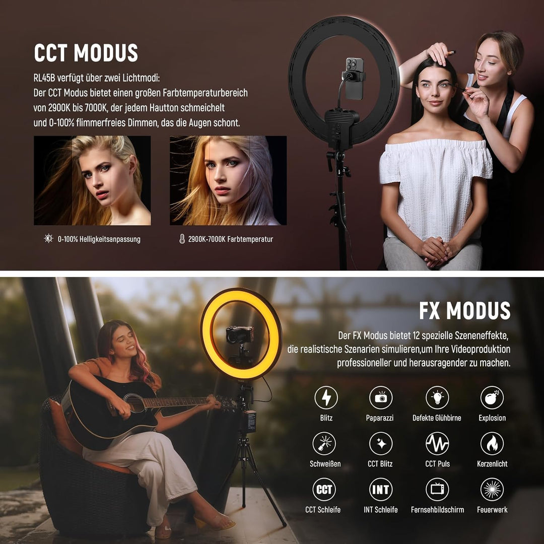 NEEWER 18" Ringlicht Set mit Randbeleuchtung, 45W 3300Lux 2900K-7000K 12 Szenen Ringleuchte mit APP