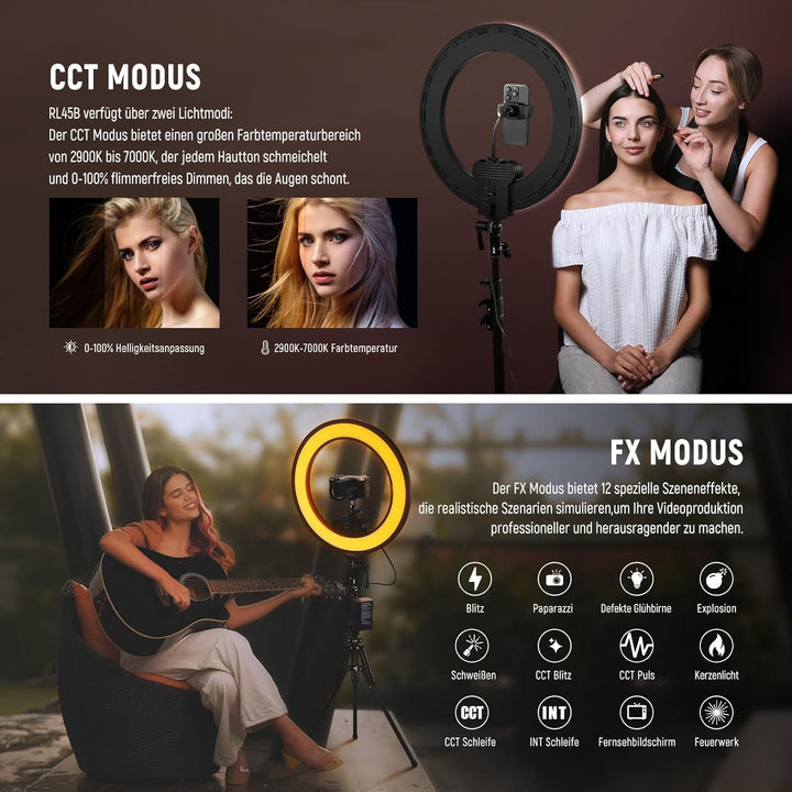 NEEWER 18" Ringlicht Set mit Randbeleuchtung, 45W 3300Lux 2900K-7000K 12 Szenen Ringleuchte mit APP