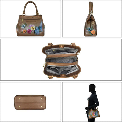 Anuschka Handbemalte Satchel Tasche mit mehreren Fächern aus Echtleder Butterfly Blooms Bronze, Butt