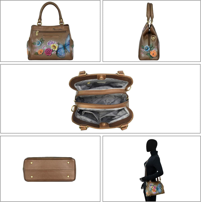 Anuschka Handbemalte Satchel Tasche mit mehreren Fächern aus Echtleder Butterfly Blooms Bronze, Butt