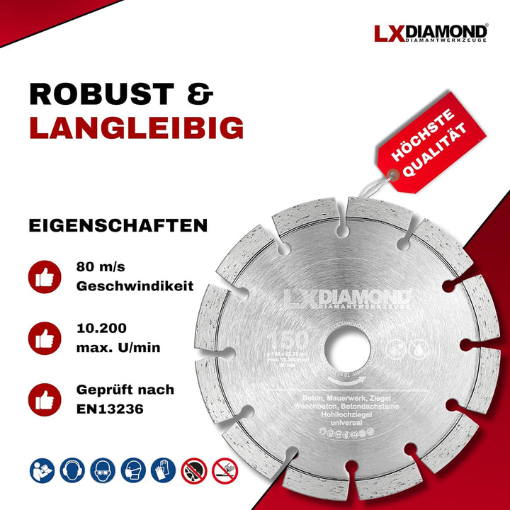 LXDIAMOND 2x Diamant-Trennscheibe 150mm x 22,23mm im Set für Mauernutfräse 150 mm - Diamantscheibe z