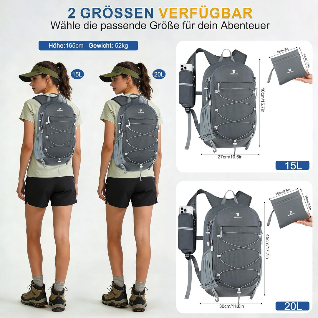 BECOJADDE 20L Kleiner Wanderrucksack Tagesrucksack Herren Damen Leichter Faltbarer Rucksack mit Brus