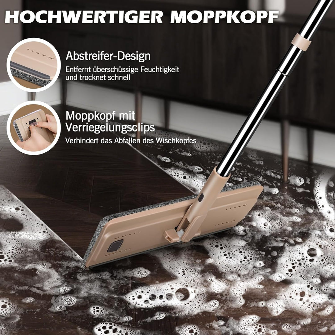 MASTERTOP Wischmopp Set mit Eimer, 138cm Flachmopp mit Edelstahlgriff und 6 Mikrofaser Moppkopf, Han